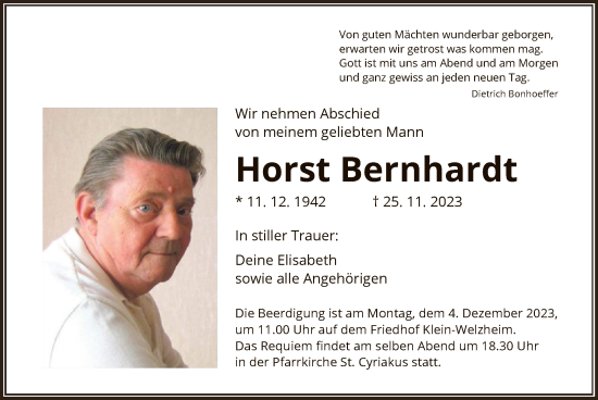 Todesanzeige von Horst Bernhardt von OF