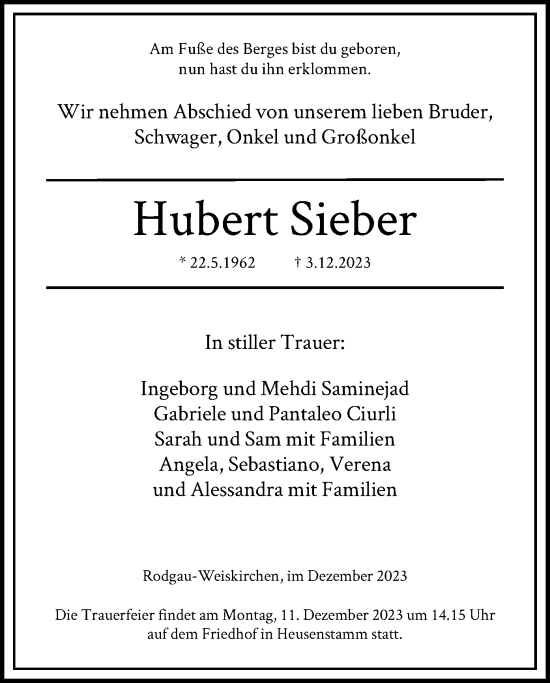Todesanzeige von Hubert Sieber von OF