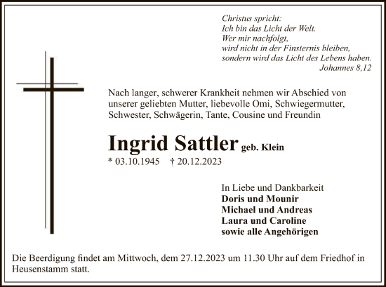 Todesanzeige von Ingrid Sattler von OF