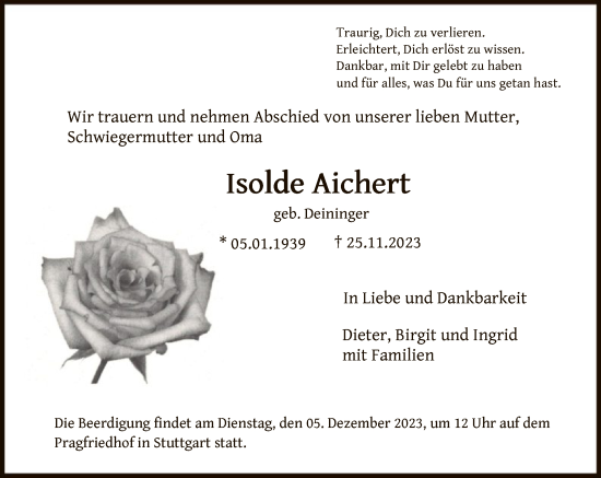 Todesanzeige von Isolde Aichert von OF
