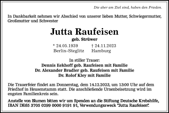 Todesanzeige von Jutta Raufeisen von OF