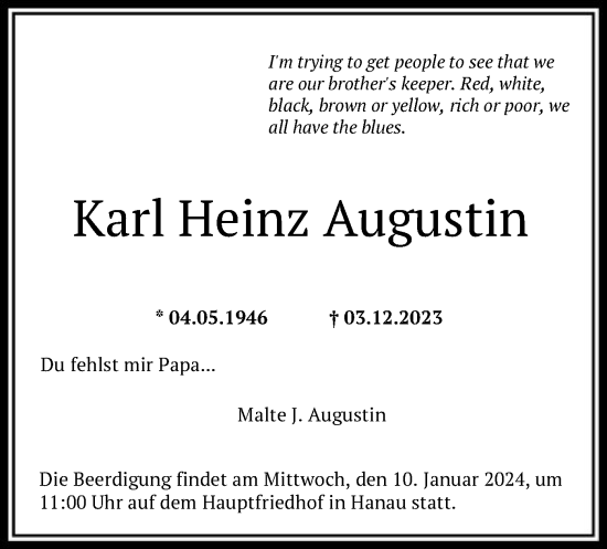 Todesanzeige von Karl Heinz Augustin von OF