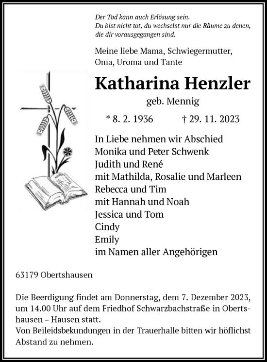 Todesanzeige von Katharina Henzler von OF