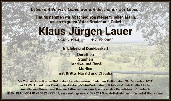 Todesanzeige von Klaus Jürgen Lauer von OF
