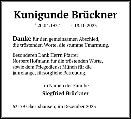 Todesanzeige von Kunigunde Brückner von OF