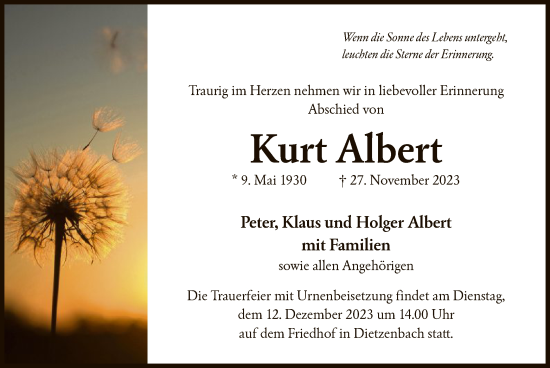 Todesanzeige von Kurt Albert von OF