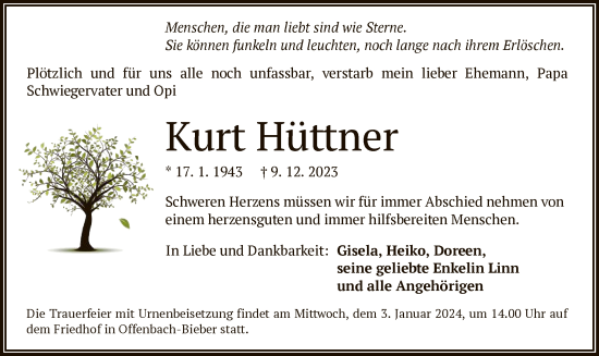 Todesanzeige von Kurt Hüttner von OF