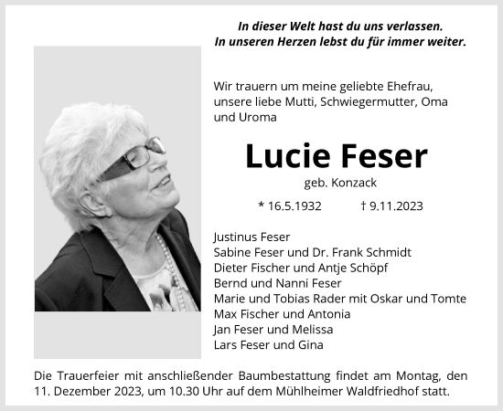 Todesanzeige von Lucie Feser von OF
