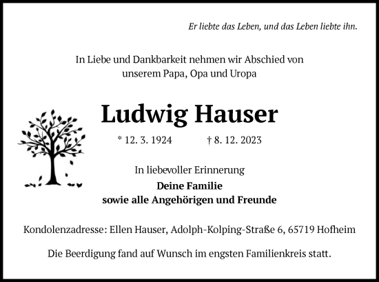 Todesanzeige von Ludwig Hauser von OF