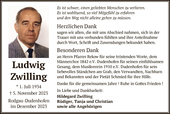 Todesanzeige von Ludwig Zwilling von OF