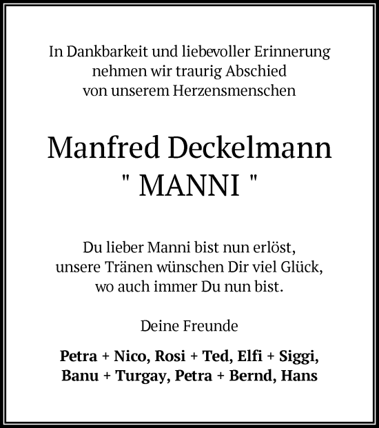 Todesanzeige von Manfred Deckelmann von OF