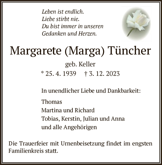 Todesanzeige von Margarete Tüncher von OF