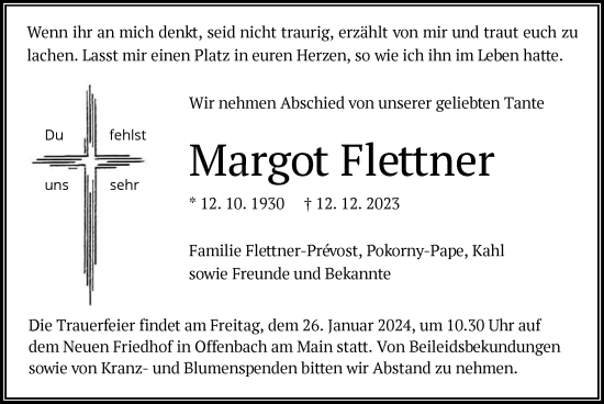 Todesanzeige von Margot Flettner von OF