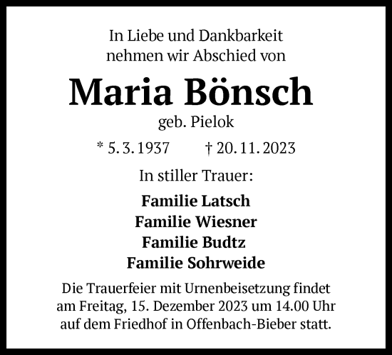 Todesanzeige von Maria Bönsch von OF