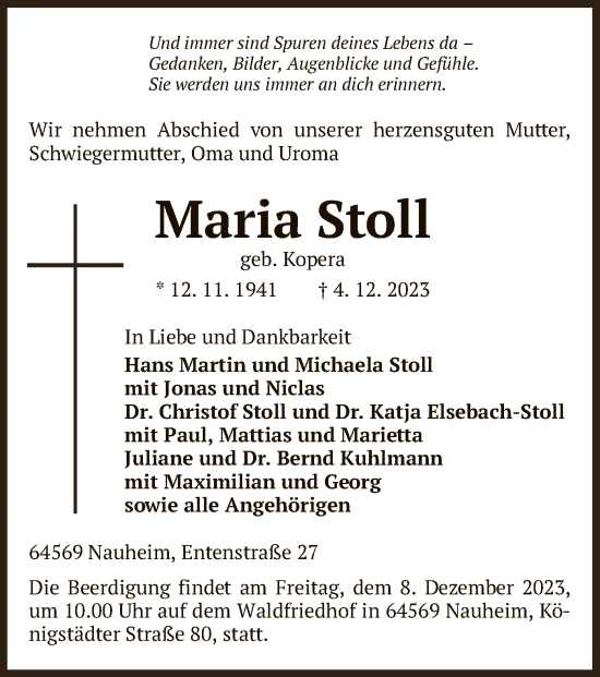 Todesanzeige von Maria Stoll von OF