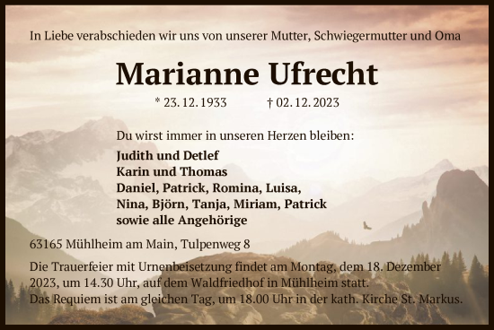 Todesanzeige von Marianne Ufrecht von OF