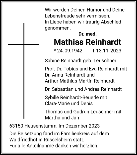 Todesanzeige von Mathias Reinhardt von OF