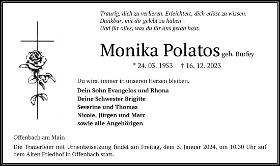 Todesanzeige von Monika Polatos von OF