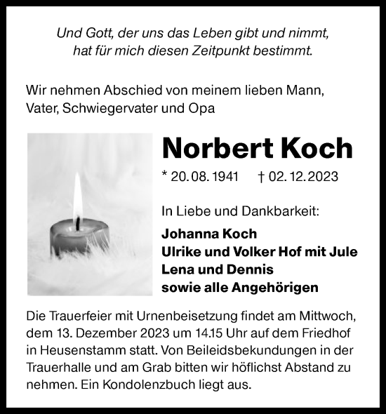 Todesanzeige von Norbert Koch von OF