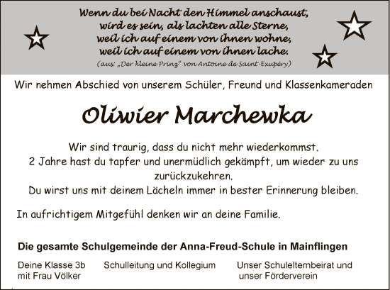 Todesanzeige von Oliwier Marchewka von OF