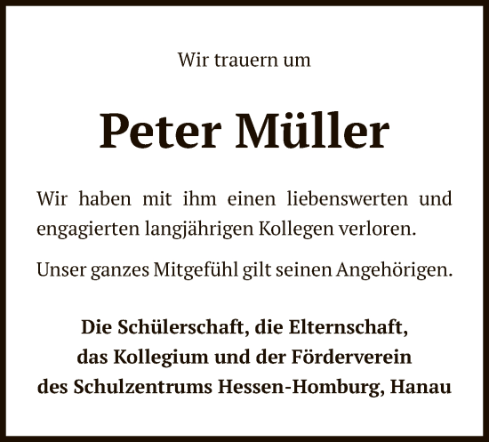 Todesanzeige von Peter Müller von OF