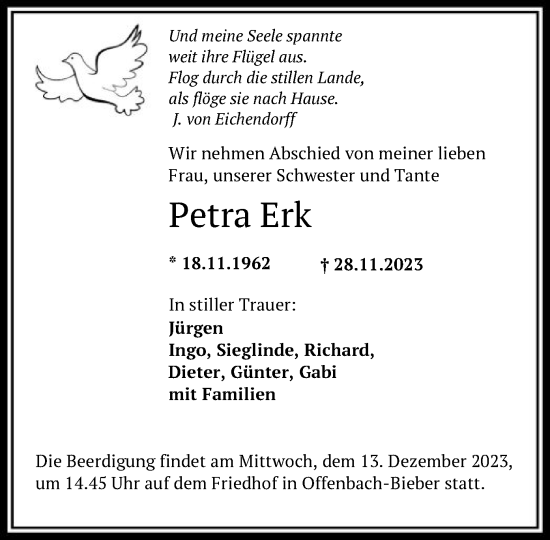Todesanzeige von Petra Erk von OF