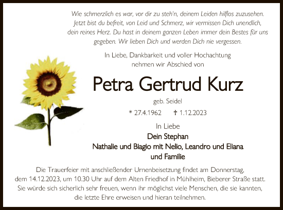 Todesanzeige von Petra Gertrud Kurz von OF