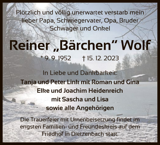 Todesanzeige von Reiner Wolf von OF
