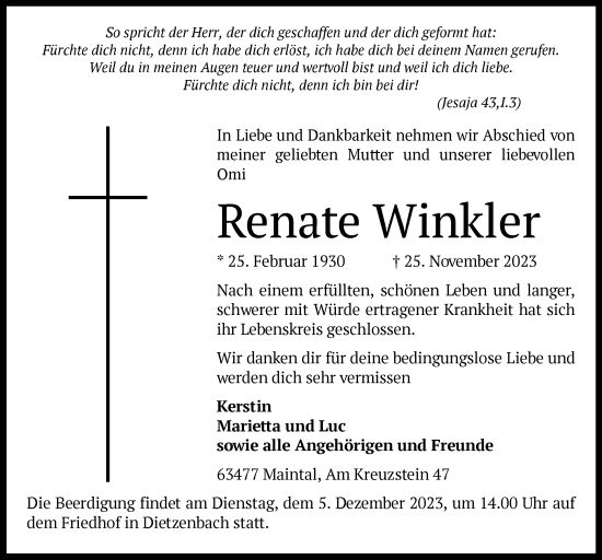 Todesanzeige von Renate Winkler von OF