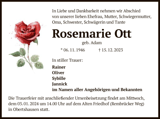 Todesanzeige von Rosemarie Ott von OF