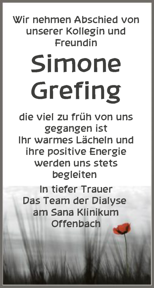 Todesanzeige von Simone Grefing von OF