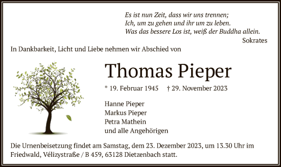 Todesanzeige von Thomas Pieper von OF