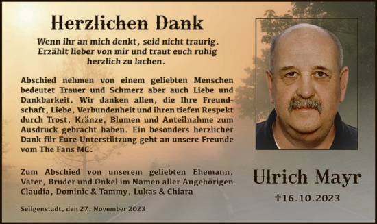 Todesanzeige von Ulrich Mayr von OF