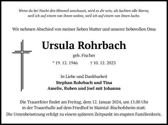 Todesanzeige von Ursula Rohrbach von OF