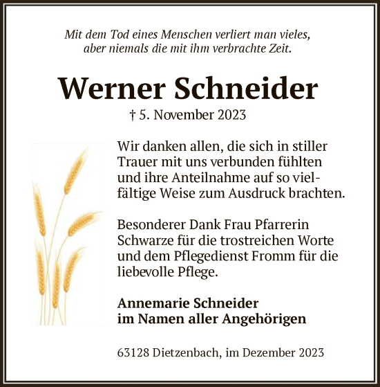 Todesanzeige von Werner Schneider von OF