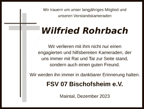Todesanzeige von Wilfried Rohrbach von OF