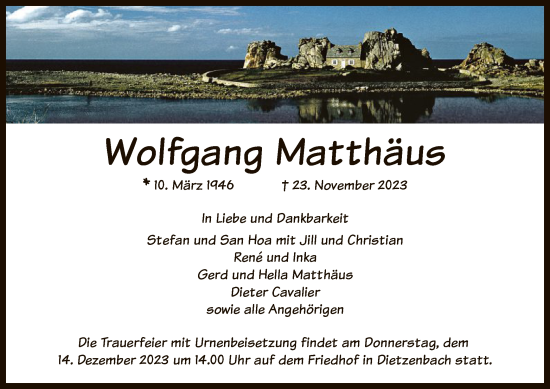 Todesanzeige von Wolfgang Matthäus von OF