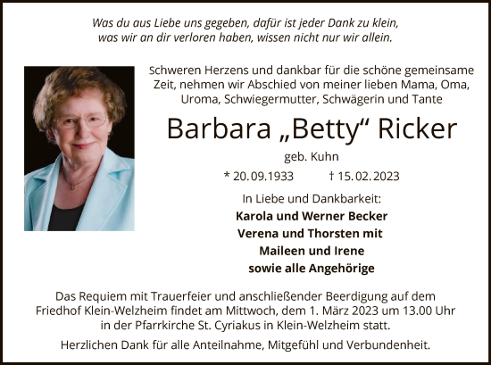 Todesanzeige von Barbara Ricker von OF
