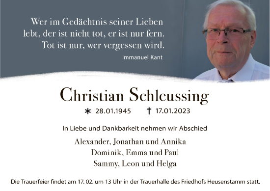 Todesanzeige von Christian Schleussing von OF