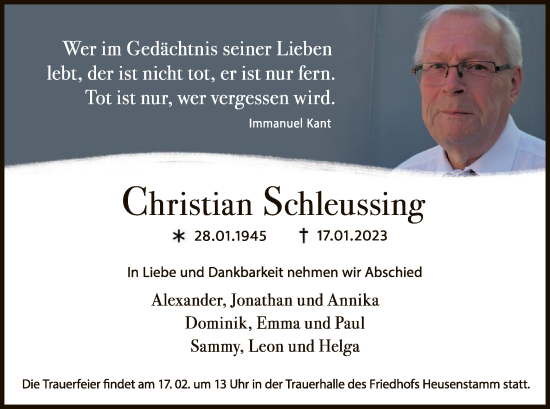 Todesanzeige von Christian Schleussing von OF