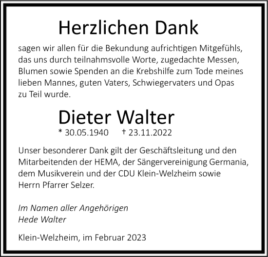 Todesanzeige von Dieter Walter von OF