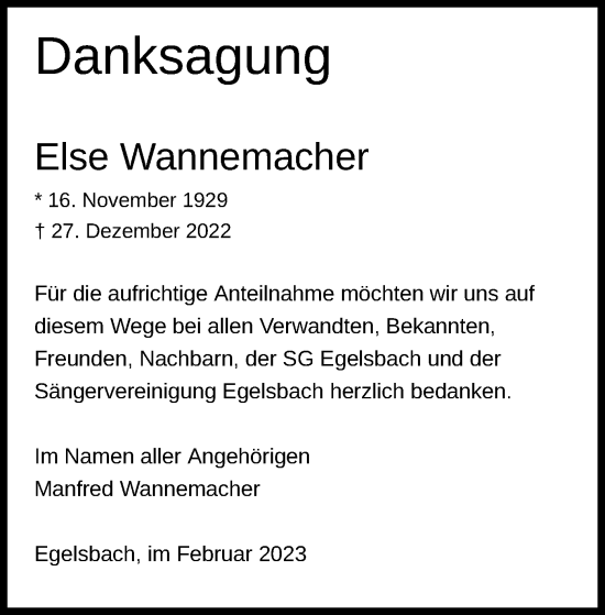 Todesanzeige von Else Wannemacher von OF