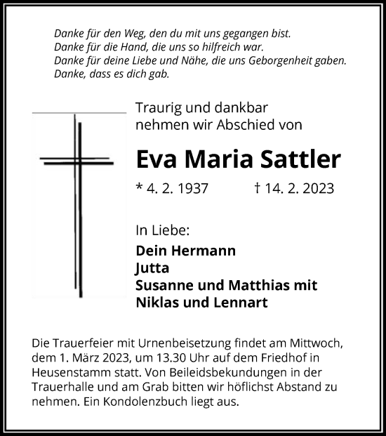 Todesanzeige von Eva Maria Sattler von OF