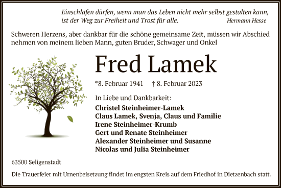 Todesanzeige von Fred Lamek von OF