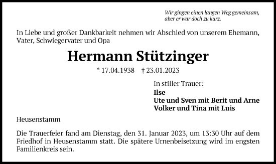 Todesanzeige von Hermann Stützinger von OF