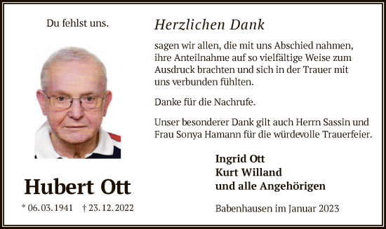 Todesanzeige von Hubert Ott von OF