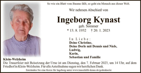 Todesanzeige von Ingeborg Kynast von OF