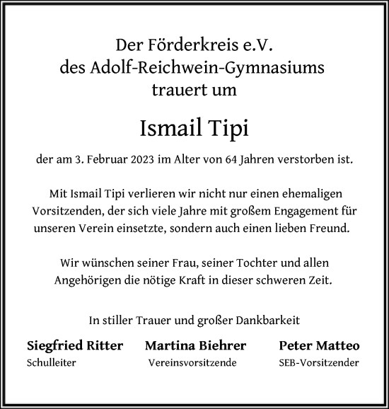 Todesanzeige von Ismail Tipi von OF