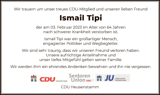 Todesanzeige von Ismail Tipi von OF