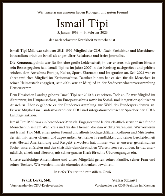 Todesanzeige von Ismail Tipi von OF